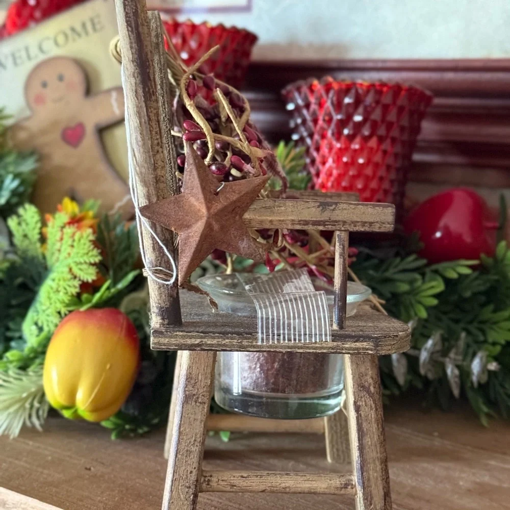 1994 Rustic Wooden Holiday Tealight Chair with Red Berry Garland
